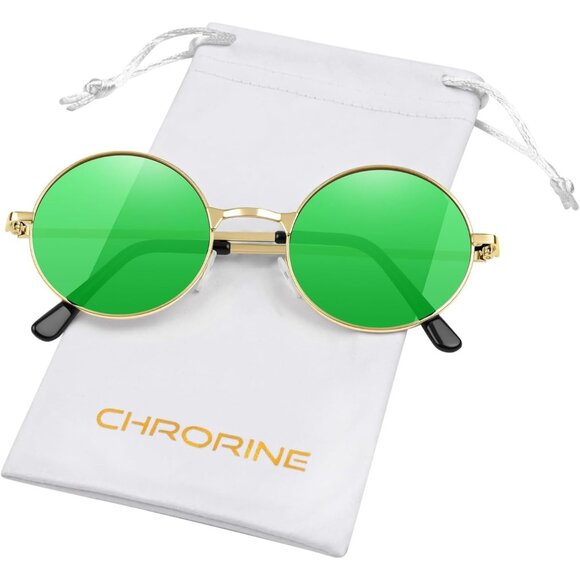 Chrorine Women's Gold Frame Green Lens Hippie Round 70s Retro Sun Glasses - Picture 1 of 6